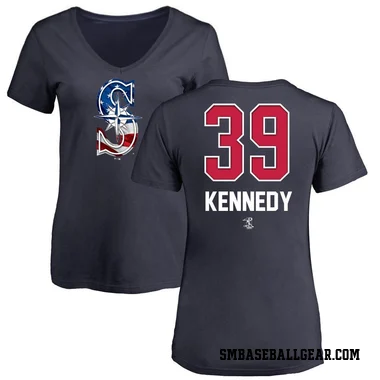 Navy Women's Buddy Kennedy Seattle Mariners Name and Number Banner Wave V-Neck T-Shirt -