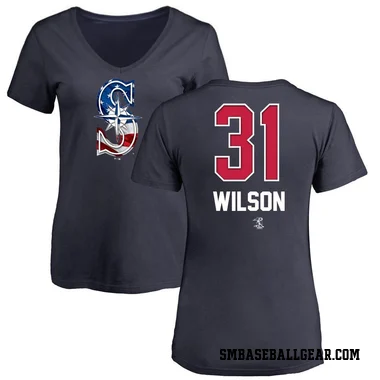 Navy Women's Weston Wilson Seattle Mariners Name and Number Banner Wave V-Neck T-Shirt -